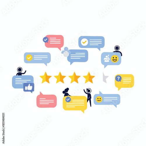 Illustration with speech bubbles and stars representing customer feedback and ratings