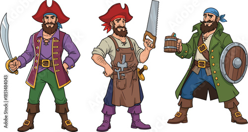Set of Three Strong Pirate Characters Featuring Captain with Sword Carpenter and Sailor with Shield Isolated on White Background for Adventure Concept