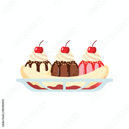 Cartoon image of a banana split with three ice cream scoops and cherries on top