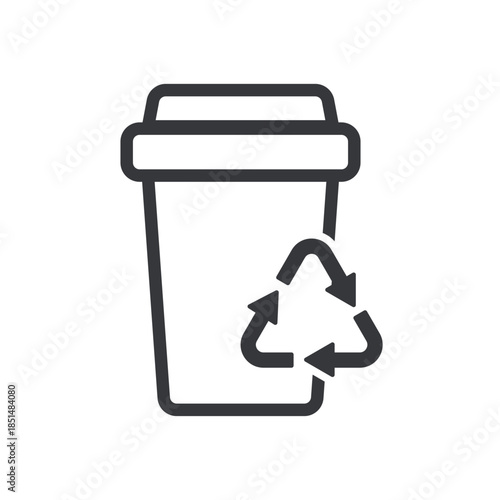 Isolated outline pictogram of paper cup with recycle icon, representing eco-friendly disposable paper and plastic drinking cup usage.
