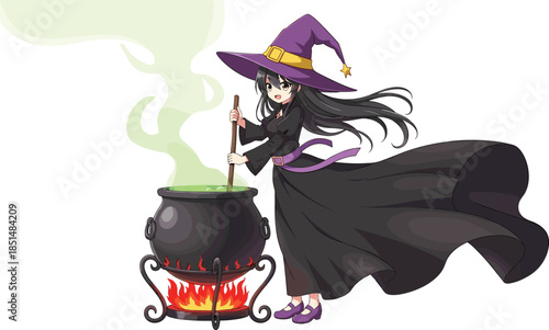 Witch girl in purple hat stirring green bubbling potion in cauldron over fire, anime style illustration for Halloween magic fantasy concept