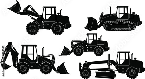 Construction Vehicle and Heavy Equipment Silhouette Icons, Grader, Loader, Boom Lift, and Pickup Truck Vector Graphic Illustration Set.