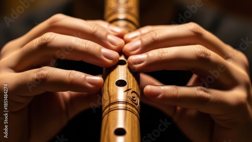 Close-up of hands playing a wooden flute with finger holes.
