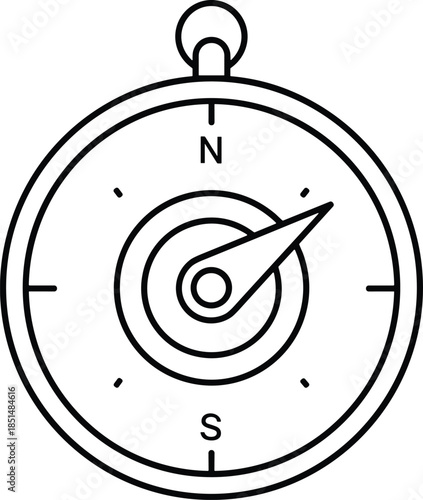 A simple black and white line art illustration of a handheld navigation compass with North and South directional indicators isolated on white