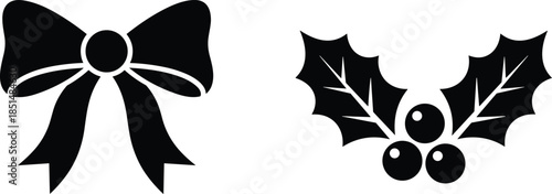 Black silhouette icons of a decorative gift bow and Christmas holly with berries for winter holiday and festive celebration concepts