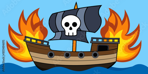 A burning pirate ship on the high seas its masts engulfed in flames.