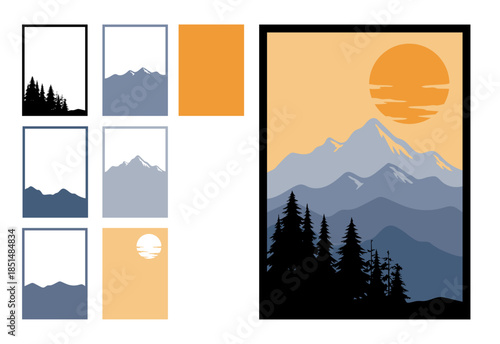 Multilayer paper cut vector illustration of a mountain landscape with pine forest silhouettes