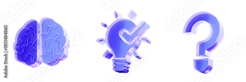 Set 3D Glass brain, idea lightbulb, and question mark icon isolated on transparent background, symbols for brainstorming, creative innovation, and problem solving. Liquid Glass design icon. 3D renderi