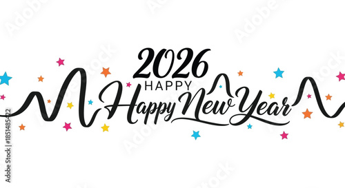 Colorful new year celebration graphic featuring the year 2026 with festive swirls and star details