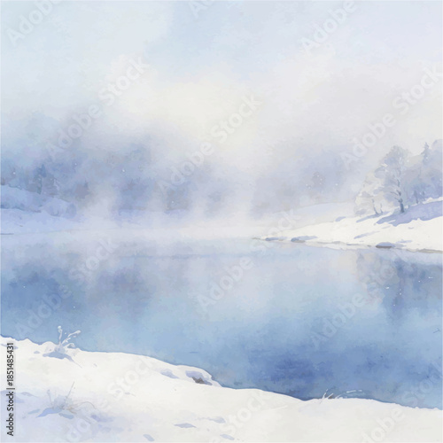Minimalist Winter Lake Landscape in Soft Watercolor Style