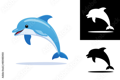 A vibrant and cheerful cartoon blue dolphin leaps playfully, depicted with an adorable smile and dynamic pose, an energetic vector illustration embodying the joyful spirit of marine life