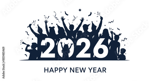 A joyful silhouette of celebrating people with raised hands and the year 2026 displayed prominently