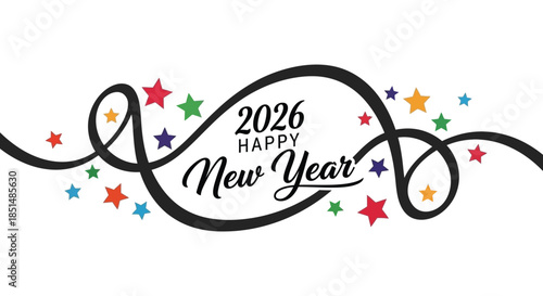 A festive new year design featuring swirling ribbons colorful stars and the year 2026