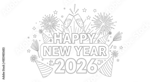 A festive new year illustration featuring champagne glasses fireworks and a celebratory message