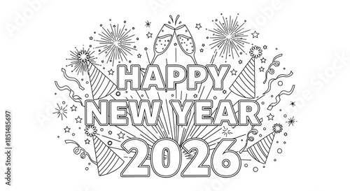 A festive new year s illustration featuring champagne glasses fireworks and celebratory decorations in black and white