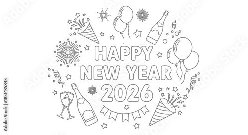A black and white new year celebration illustration with balloons fireworks and champagne bottles