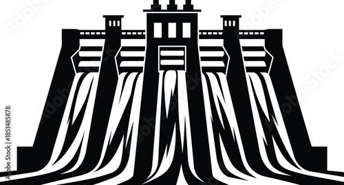 Hydroelectric dam, water flow, spillway structure, renewable energy, engineering infrastructure, river barrier, power generation, CAD drawing, flat vector illustration