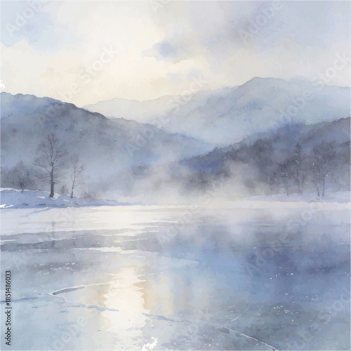 Minimalist Winter Lake Landscape in Soft Watercolor Style