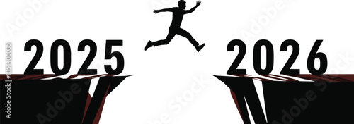New year leap, silhouette jump, cliff gap, 2025 to 2026, transition moment, progress, challenge, future, hope, vector art
