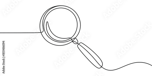 Magnifying glass icon one line drawing, zoom and search symbol in continuous line style, professional flat design.