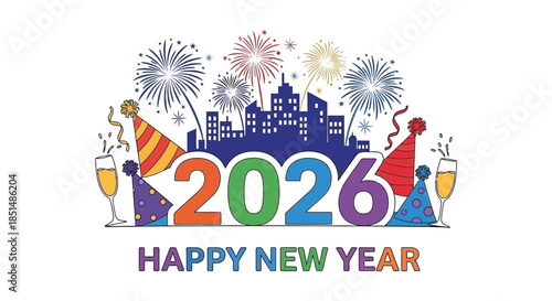 Colorful fireworks illuminate a city skyline celebrating the upcoming year 2026 with festive decorations