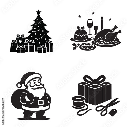Christmas holiday silhouette icons set with Santa, gifts, tree and festive dinner