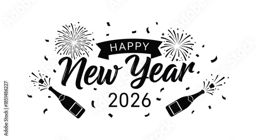 A festive new year celebration illustration with fireworks champagne and a celebratory banner