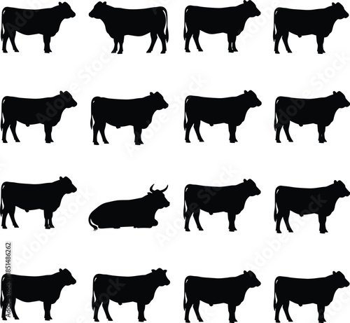 Cow silhouette set, standing and lying poses, horned animal, black vector icons, farm livestock, nature illustration, pattern recognition