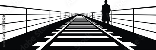 Railway bridge silhouette, person in coat, dramatic perspective, vanishing point, black and white, moody scene, depth, solitude, travel, journey