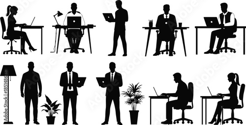 Professional business people silhouettes working on laptops in office environment, corporate employees sitting at desks and standing with portable computers