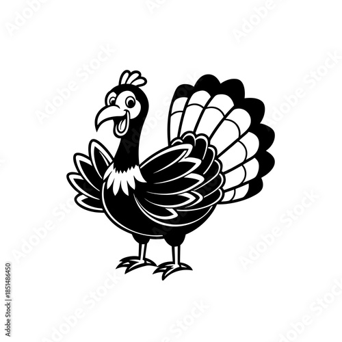 A black and white cartoon illustration of a happy turkey with its tail feathers fanned out.