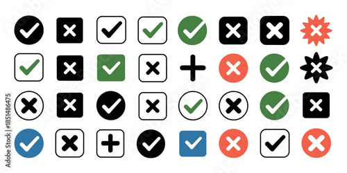 Check mark icons green and black cross vector symbols