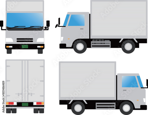 正面、後ろ、横から見たトラック（バンボディータイプ・緑ナンバー）