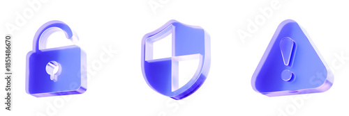 Set 3D Glass padlock, shield, and alert triangle icon isolated on transparent background, symbols for data privacy, cybersecurity, and system warnings. Liquid Glass design icon. 3D rendering