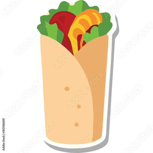 Cartoon Burrito Icon with Lettuce, Tomato, and Orange Filling