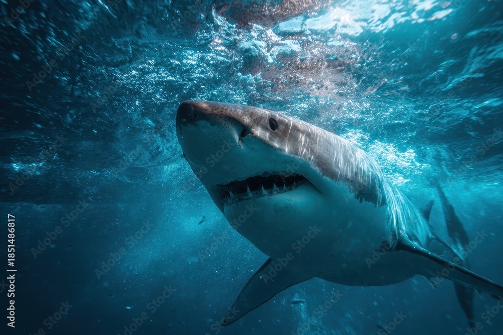 Naklejka premium Realistic depiction of a great white shark swimming in clear ocean waters during daylight with sunlight filtering through the surface