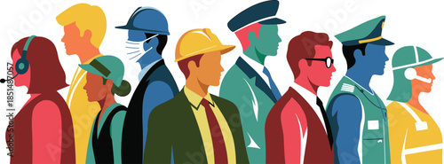Diverse professional silhouette set, occupations in profile, uniforms, teamwork, black vector illustration, workforce unity, career icons, job roles
