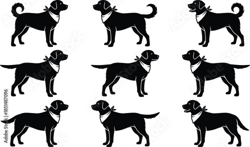 Dog silhouette set, bandana-wearing dogs, side profile poses, black vector illustration, pet icon collection, animal design, pattern grid