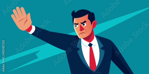 Stop Gesture: A professional man in a suit extends his hand forward, a clear indication of stop in a controlled setting, emphasizing authority and command. 