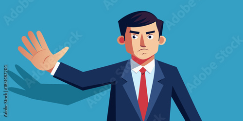 Stop Gesture: A professional man in a suit extends his hand forward, a clear indication of stop in a controlled setting, emphasizing authority and command. 