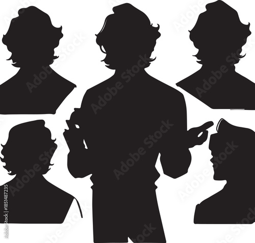  Stylist or Barber Silhouette with Multiple Haircut and Hairstyle Profiles, Showcasing Beauty and Fashion Choices