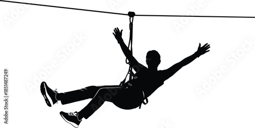 Zipline adventure, outdoor activity, silhouette motion, thrill ride, harness system, pulley cable, extreme sport, CAD drawing, flat vector illustration