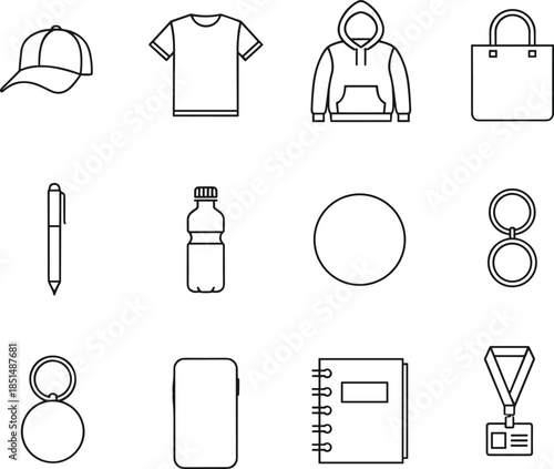 Outlined icon set, everyday items collection, cap, shirt, bottle, phone, notebook, badge, vector illustration, promotional product design