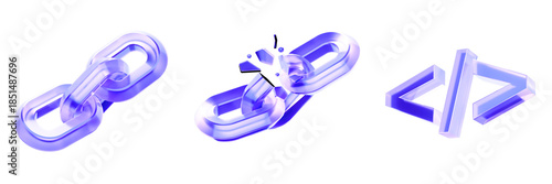Quadro su tela Set 3D Glass link chain, broken link, and coding bracket icon isolated on transparent background, symbols for hyperlinking, technical errors, and software development