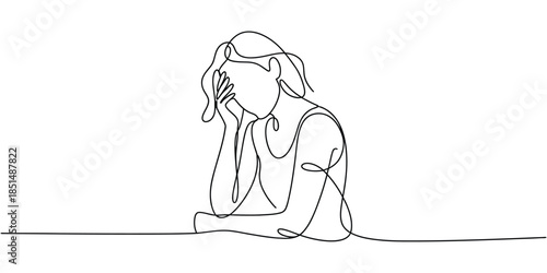 Stressed man single line art, continuous line drawing of a confused person in despair, minimalist emotional health illustration.