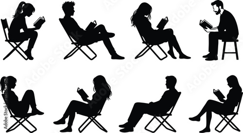 Reading silhouette set, people on chairs, book lovers, quiet activity, black vector icons, sitting posture, education, leisure illustration