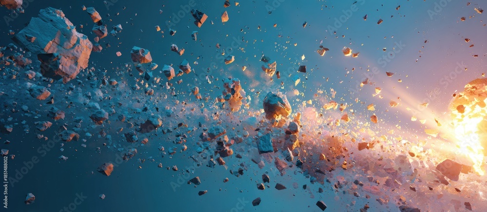 Fototapeta premium Asteroid field fragmenting from bright cosmic explosion in deep space