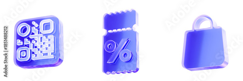 Set 3D Glass QR code, discount ticket, and shopping bag icon isolated on transparent background, concepts for retail, digital marketing, and online commerce. Liquid Glass design icon. 3D rendering