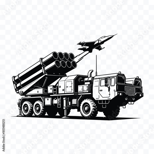 Black and white illustration of a missile launcher truck with a fighter jet in the background