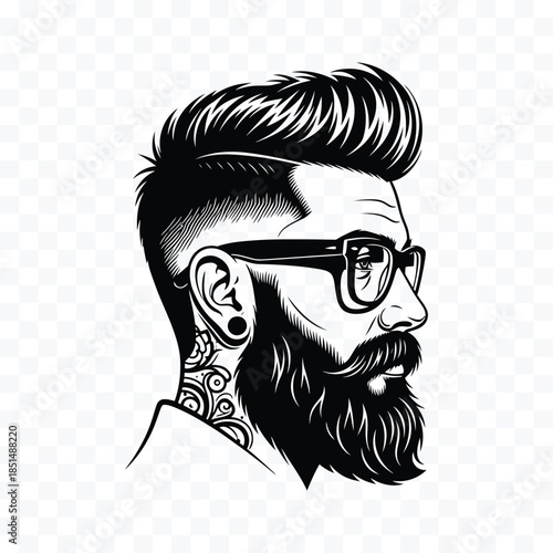 Black and white illustration of a man with a beard glasses and neck tattoo male mustache